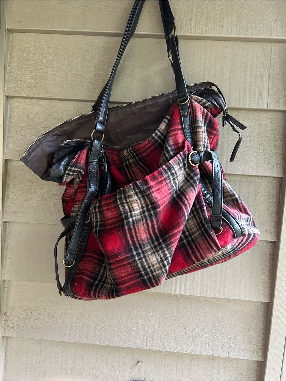 Plaid Flannel Red Tote Bag with Black Trim - Classic Women’s Shoulder Bag